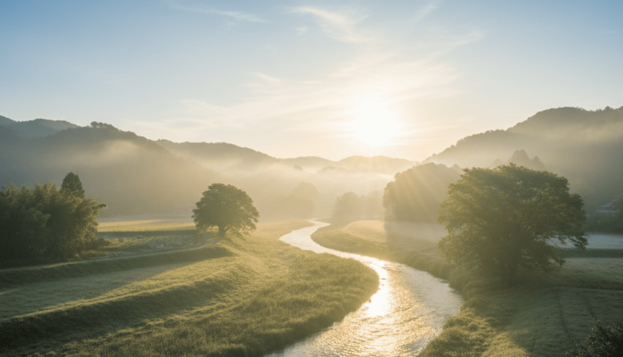 Río al amanecer simbolizando la buena circulación y la salud interior.